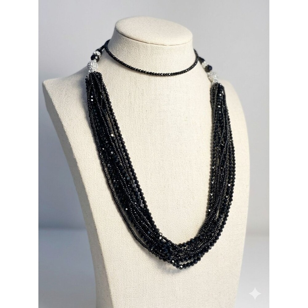 Multi Strand Black Crystal Convertible Necklace Set Magnetic Rhinestone Clasp